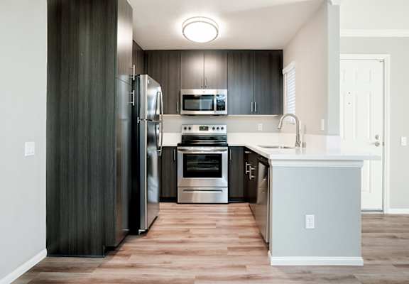 A modern kitchen with dark wood cabinets and stainless steel appliances.