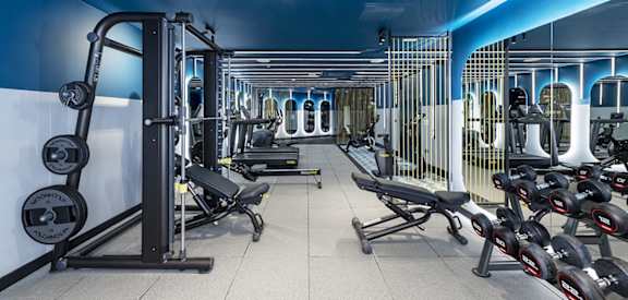 a gym with weights and other equipment in a room with blue walls