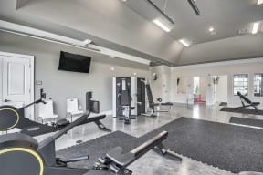 A gym with a variety of equipment including treadmills, weights, and a television.