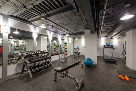 A gym with a variety of equipment including weights, a bench, and a ball. at Columbia Uptown Apartments, Washington, 20009
