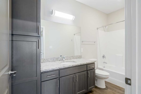 a bathroom with a granite countertop sink and a toilet, a tall storage cabinet, and a tub shower