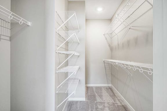 a walk in closet with built-in wire shelves and hanging space