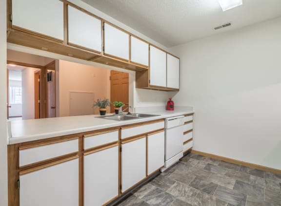 a kitchen with white cabinets and a sink