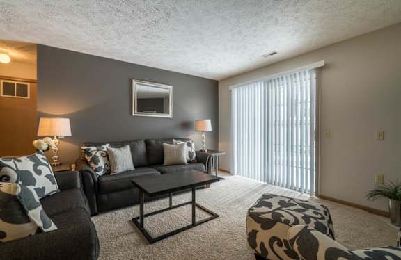  A living room with a grey couch, a coffee table, and a lamp.