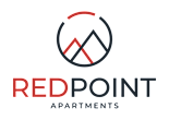 A logo for Redpoint Apartments is displayed on a black background.