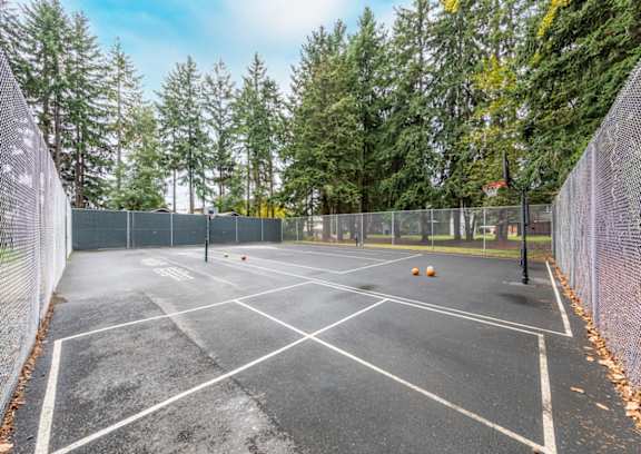 A tennis court surrounded by a fence with trees in the background.