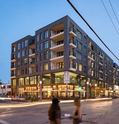Euclid exterior at night  at The Elle on Lockwood Apartments, Webster Groves, MO, 63119