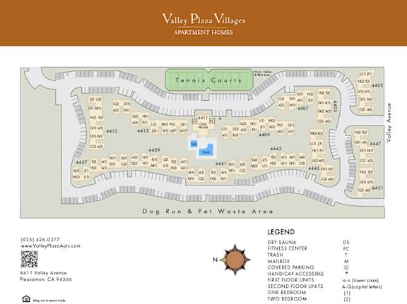 a site map apartments and amenities at Valley Plaza Villages, Pleasanton, 94566