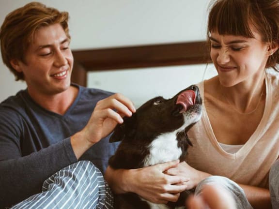 a man and woman sitting on a bed with a dog