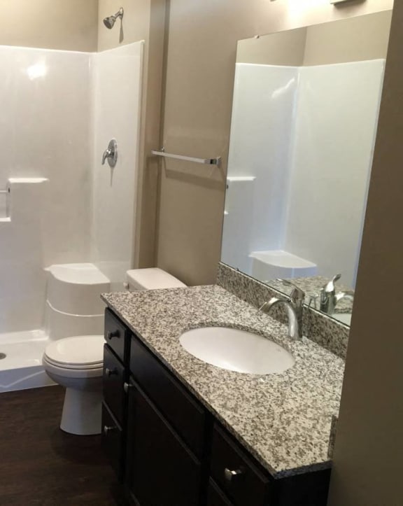 a bathroom with a toilet sink and shower at Courtyard Apartments, Moorhead, MN, 56560