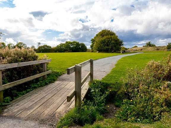 a path through a park with a wooden bridge