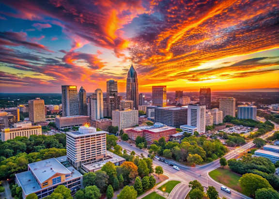 A city skyline at sunset with a vibrant orange and pink sky.