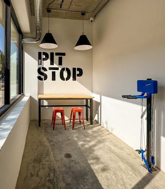 Pit stop store with a view of the outside.