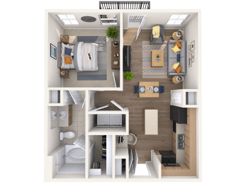 One bedroom one bathroom floor plan at The Beverly in downtown Austin