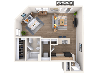 One bedroom one bathroom floor plan at The Beverly Austin