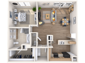 One bedroom one bathroom floor plan at The Beverly