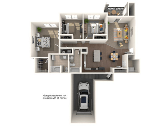 A 3D floor plan of a house with a garage and a note that says "Generous Attic Space Not Available With Homes".