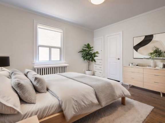 A bedroom with a large bed, a window, a dresser, and a mirror at Queen St East in Scarborough, ON