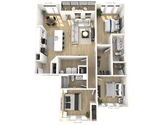 E1 - 3 Bedroom 2 Bathroom at Nuvo Flats, Merrillville, IN, 46410