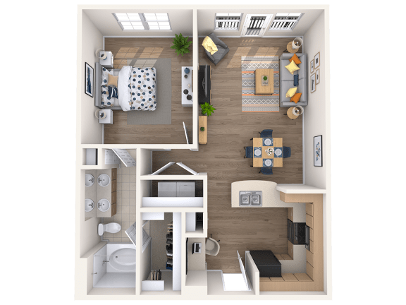 One bedroom one bathroom floor plan at The Beverly