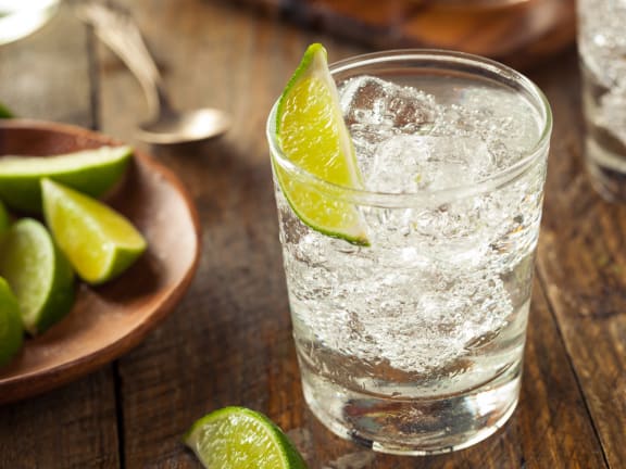 Seltzer water with lime on table at Mirabella Apartments, Bermuda Dunes, CA