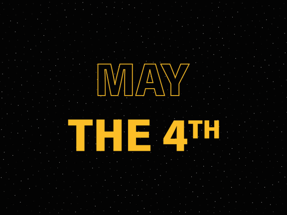 May the Fourth banner at Mirabella Apartments, Bermuda Dunes, California
