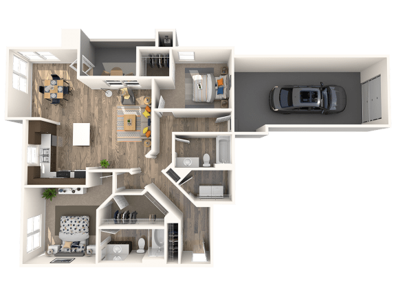 Two bedroom floor plan with garage