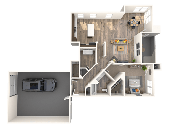 One bedroom floor plan and garage parking