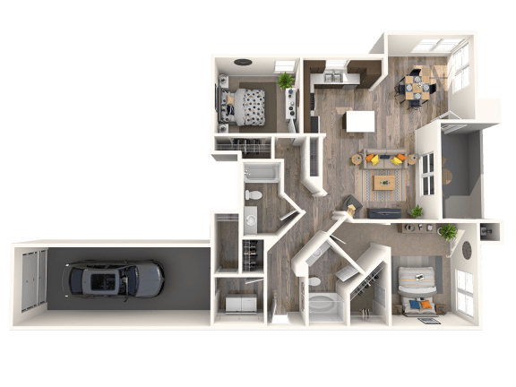Two bedroom floor plan with garage