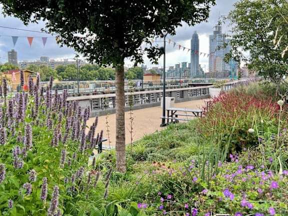 a view of the city from a park with flowers