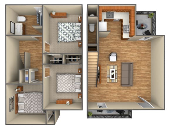 3 Bedroom Floor Plan at Cameron Park Village Apartments, Cameron Park, CA, 95682