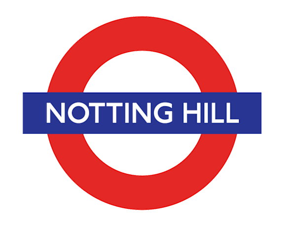 A logo with a red circle and a blue rectangle that says Notting Hill.