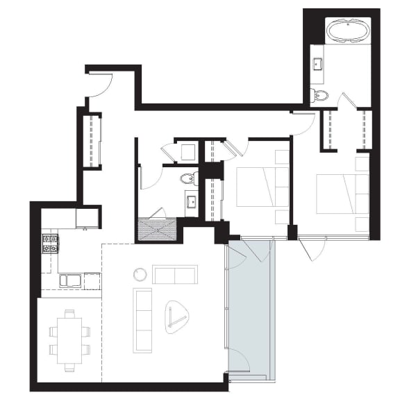 Main - 2 Bedroom 2 Bath Floor Plan Layout - 1193 Square Feet