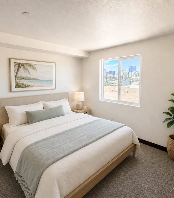 A well-lit bedroom with a large bed and a painting on the wall.