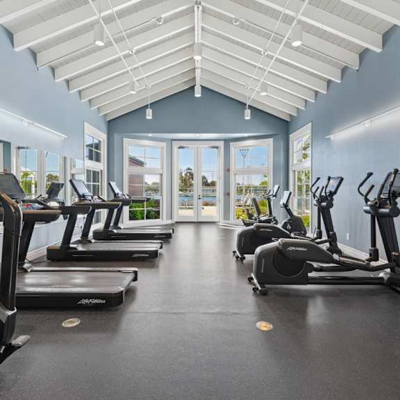 A gym with treadmills and exercise bikes.