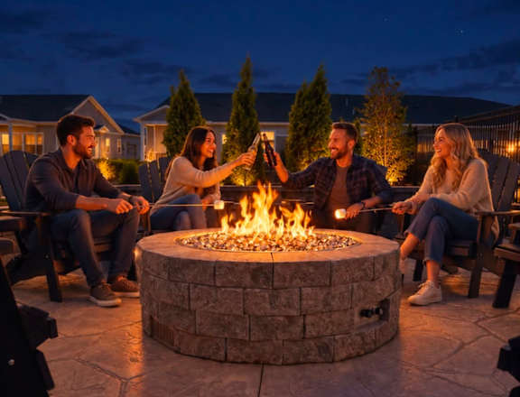 Four people sitting around a fire pit at night.