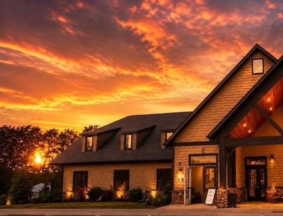 A house with a triangular roof and a stone facade is illuminated by the setting sun.