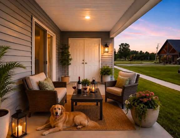 A dog is sitting on a patio with a lit lantern and a potted plant.