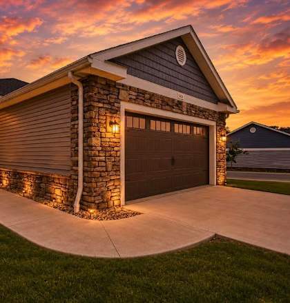 A house with a garage and a driveway.