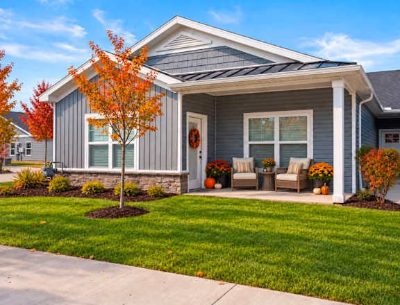 A house with a grey siding and a white door is surrounded by a green lawn and trees.