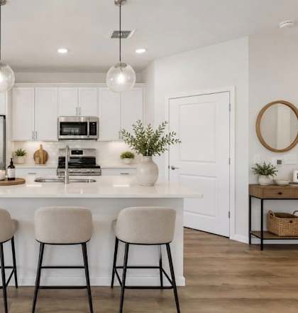 A modern kitchen with white cabinets and a central island.