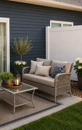 A patio with a table, chairs, and a couch with a white pillow and a plant.