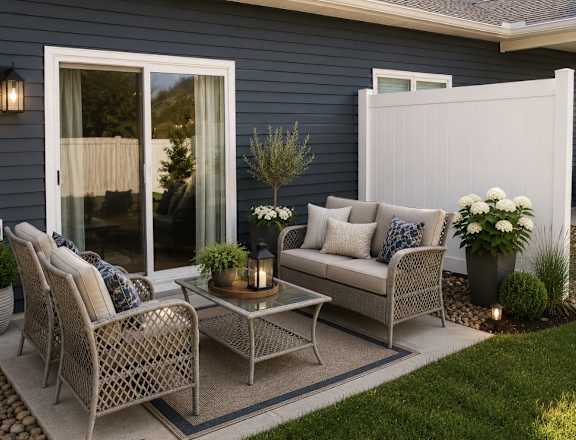 A patio with a sofa, chairs, and a coffee table.