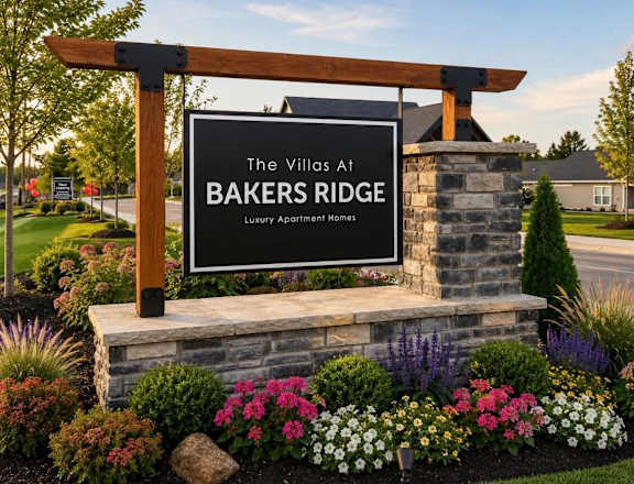 A sign for The Villas at Bakers Ridge, a luxury apartment complex, is displayed in front of a well-manicured garden.