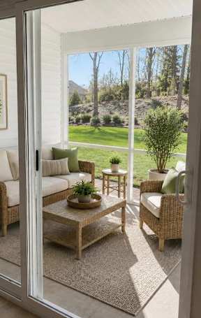A living room with a view of a backyard through a sliding glass door.