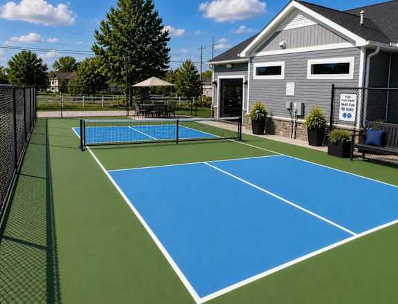 A tennis court with a blue surface and white lines.