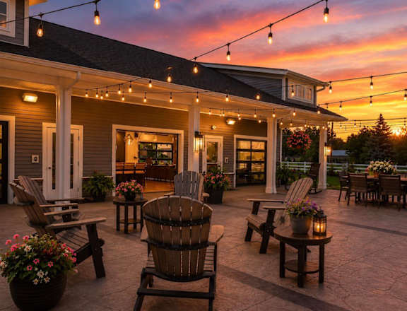 A cozy outdoor patio with wooden furniture and string lights.