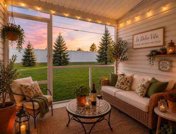 A cozy outdoor patio with a couch, table, and a view of the lawn and trees.