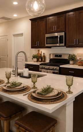 A kitchen with a red rug on the floor.
