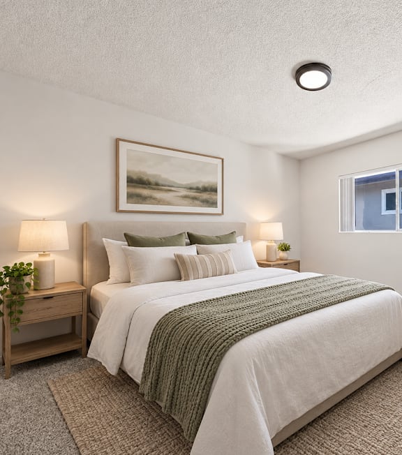 A bedroom with a large bed and a painting on the wall.